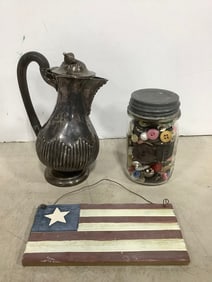 Vintage Buttons in Mason Jar with Zinc Top, Pewter Pitcher (Tallest - 8.25in), and more