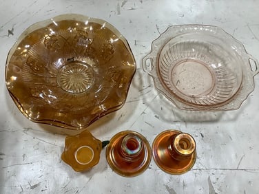 Carnival Glass Bowls, Candle Holders (4in Tall), and more