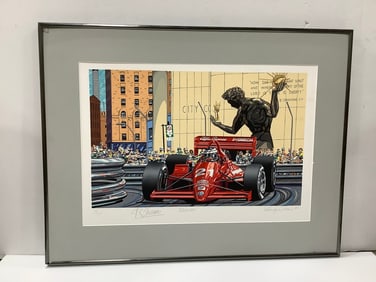 Framed 1989 racing print signed Randy Owens(20.5in.x26in.)