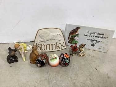 Various Decorative Wooden Eggs, Ceramic Figurines, and more