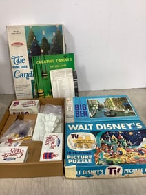 Vintage Pine Tree candle maker, Walt Disney picture puzzle, and Big Ben puzzle