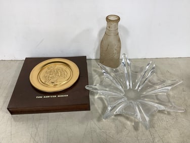 Norman Rockwell metal collectible plate, Baccarat bowl, and vintage glass dairy bottle(9.5in.tall)