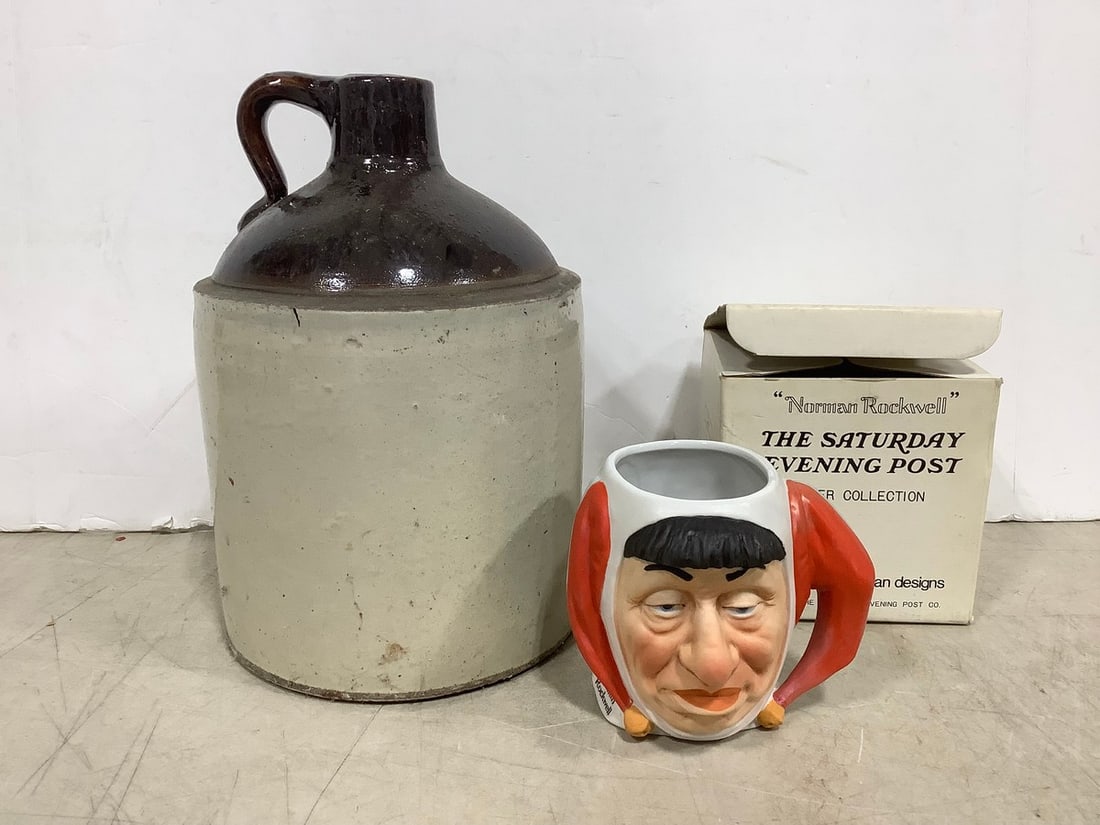 Norman Rockwell collectible mug and stoneware jug(11in.tall): Norman Rockwell collectible mug and stoneware jug(11in.tall)
