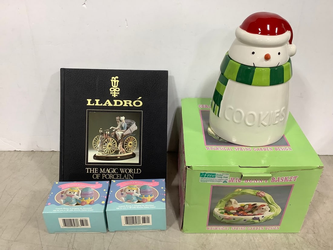 Ceramic bunny basket, Snowman cokies jar(9in.tall), Lladro book, and more (1 of 1)