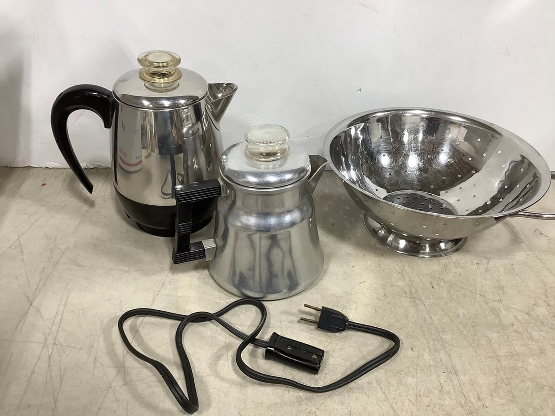 Colander and percolators(8.5in.tallest): Colander and percolators(8.5in.tallest)