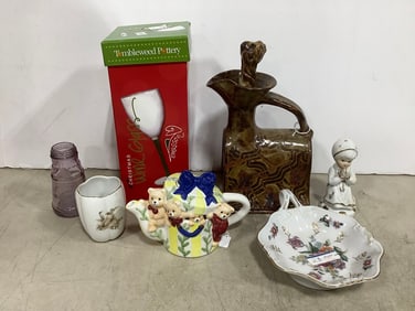 Ceramic decanter(10in.tall), Tumbleweed pottery Chritmas wine glass, and more