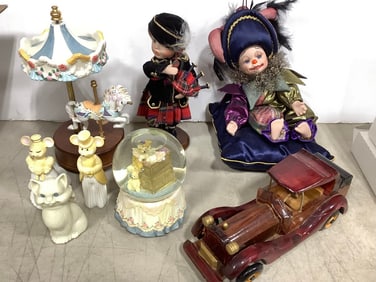 Vintage wooden car, snowglobe, Carousel Collections decor, and more