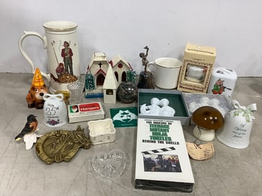 Haviland Christmas ornaments, Brass Ash Tray, Various Bells, and more
