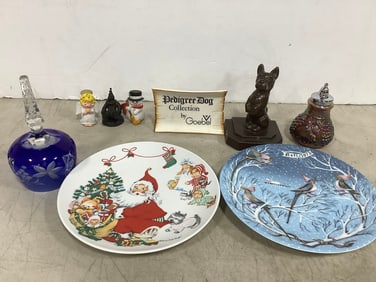 Carnival Glass Pepper/Salt Shaker, Various Ceramic Statues, Plates (8.5in Across), and more