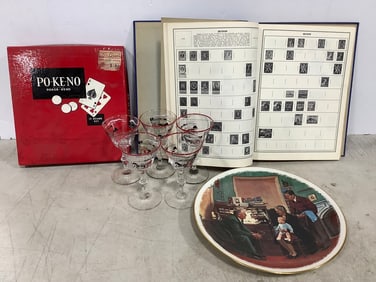 Pokeno Game, Decorative Wine Glasses, Postage Stamps Album, and more