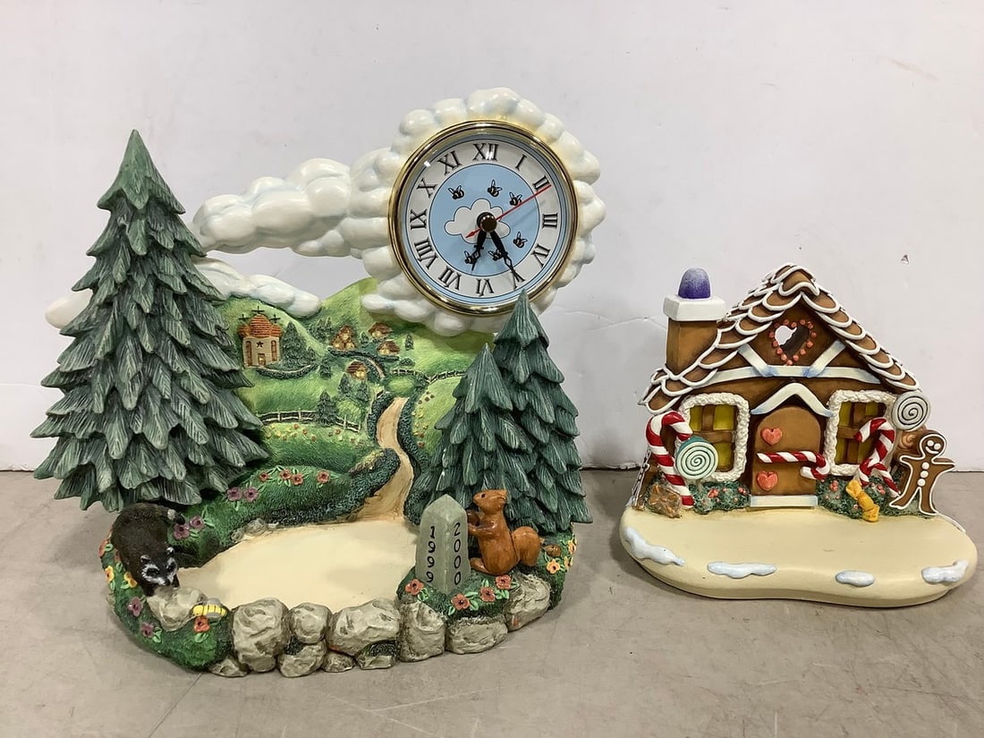 Goebel Clock and Gingerbread House Decor (Tallest - 8.25in): Goebel Clock and Gingerbread House Decor (Tallest - 8.25in)