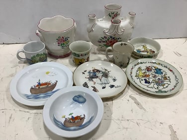 Ceramic Plates, 4 Hole Vase, Mugs, and more (Norman Rockwell, Warchester, etc) Tallest - 8in
