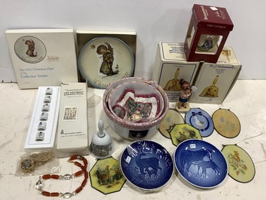 Ceramic Hummel Bells, Gorham Statue (5in Tall), Schmid Collectible Plate, and more