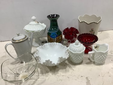 Various Milk Glass, Red Glass, Ceramic Pitcher, and more