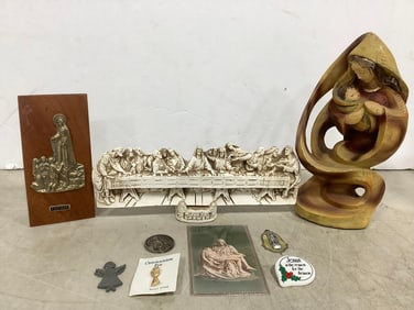 Vintage Resin Last Supper Decor, Mother Mary Wood Sculpture *chipped*, and more (Tallest - 8.5in)