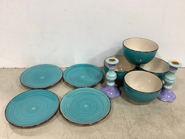 Royal Norfolk Plates/Bowls, and Ceramic Candle Holders (Tallest - 6.25in)