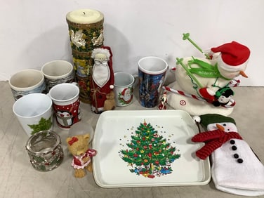Various Christmas Decor, Mugs, and Candle (Tallest - 11in)