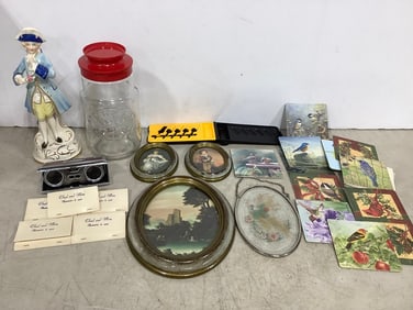 Framed Wall Decor, Crystal Lens Pocket Binoculars, Various Coasters, Ceramic Statue, and more