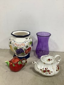 Ceramic teapots, purple vase(9in.tall), and more