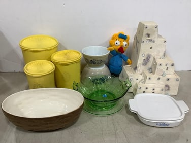 Tupperware canister set, crochet Simpsons doll, Pyrex bowls, and more