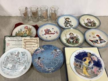 Import Associates glass beer mugs and various collectible plates(Schmid, Veneto Flair, etc.)
