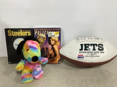 Snoopy plush doll, NY Jets football, and DVD's(Police Woman, Steelers the Complete History)