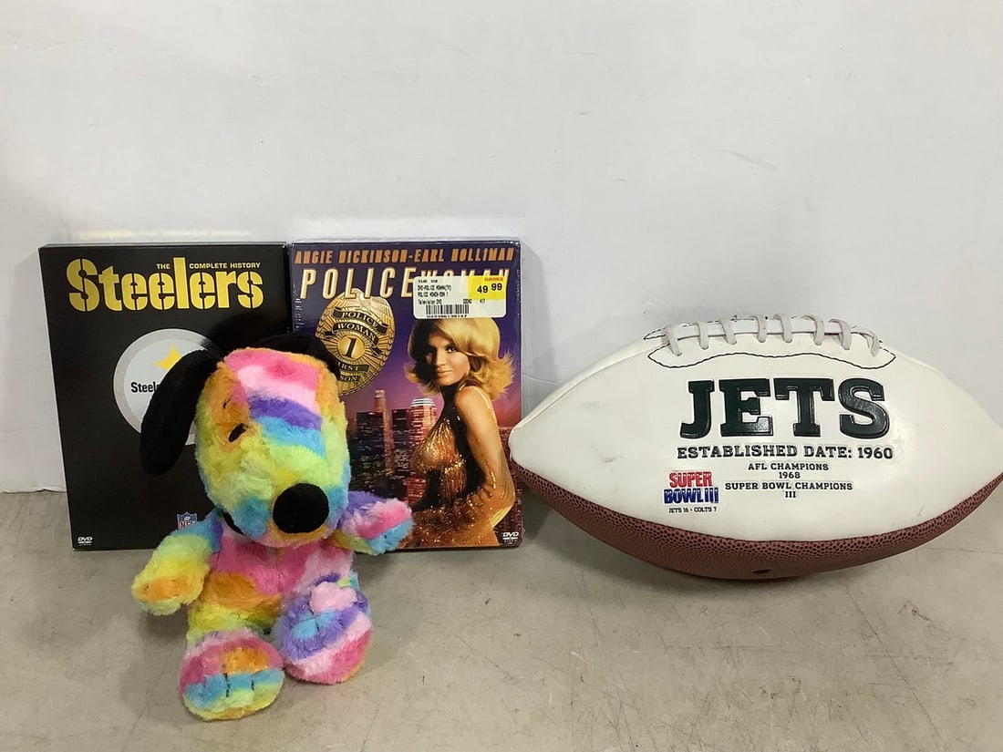 Snoopy plush doll, NY Jets football, and DVD's(Police Woman, Steelers the Complete History): Snoopy plush doll, NY Jets football, and DVD's(Police Woman, Steelers the Complete History)