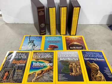National Geographic magazines in cases