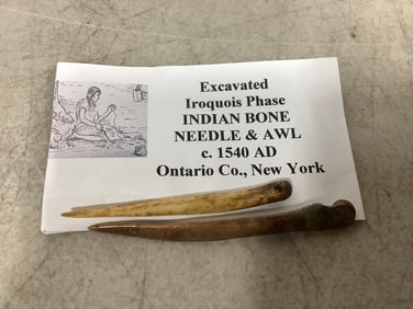 Excavated Iroquois Phase Indian Bone Needle & Awl (c. 1540 ad)