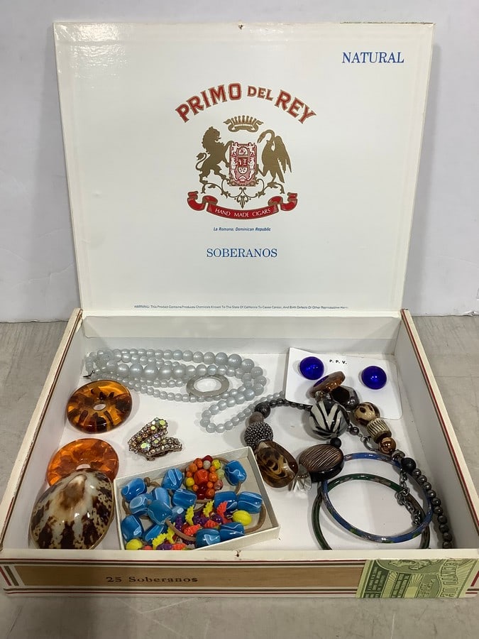 Various Costume Jewelry in Cigar Box (Earrings, Necklaces, and more) (1 of 1)