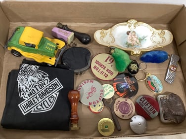 Vintage Pins, Hopper Toy Car, Harley Davidson Handkerchief, and more