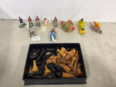 Vintage metal figurines, chess pieces, and more