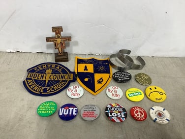 Vintage pins, badges, and more