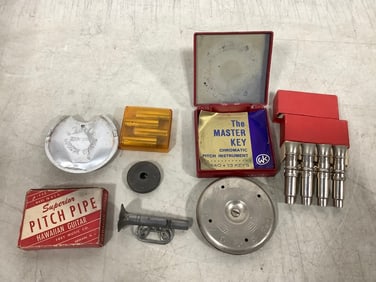 Vintage guitar pitch pipe tuner, tin whistle horn, and more