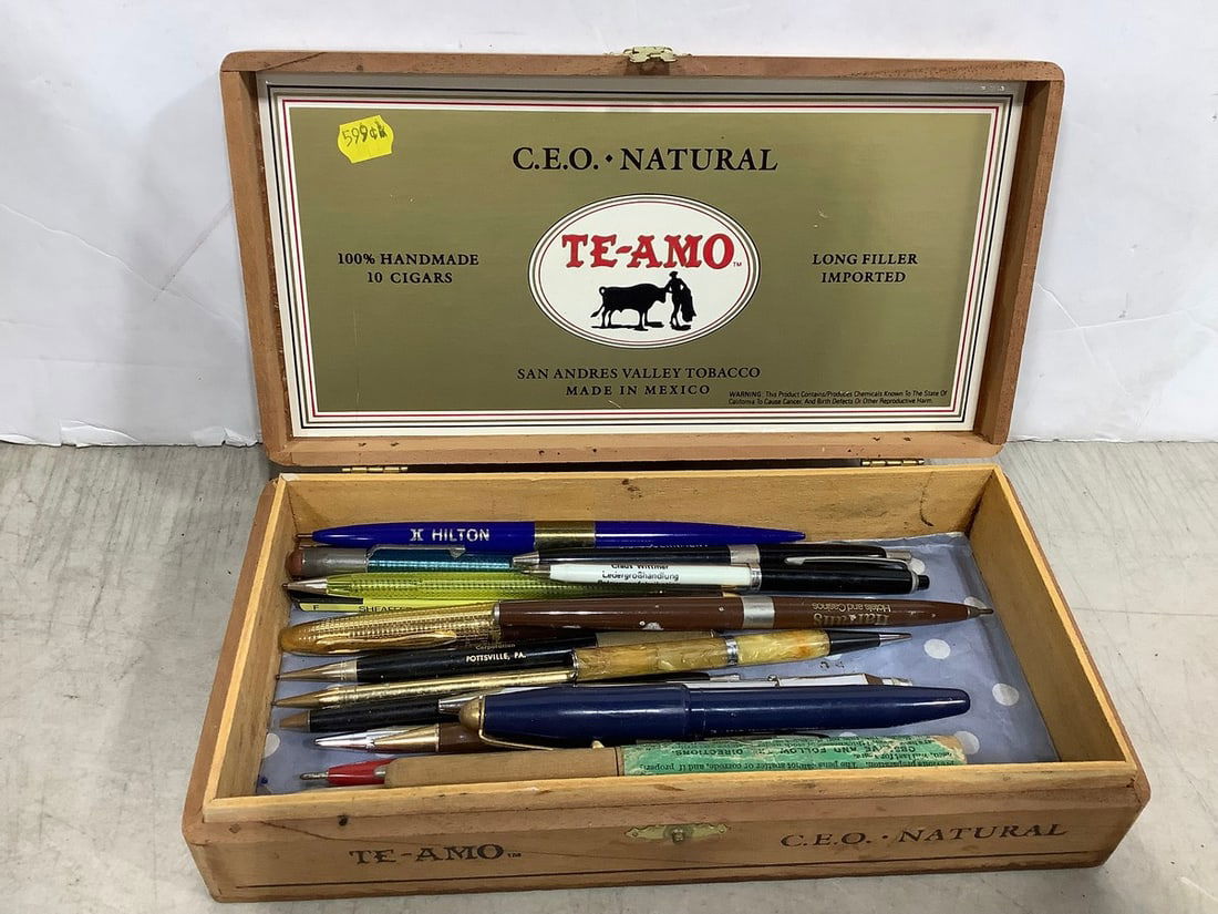 Cigar Box with Vintage Advertising Pens: Cigar Box with Vintage Advertising Pens