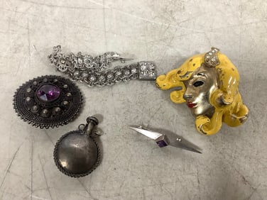 1930s Sterling Perfume Bottle Pins, and more