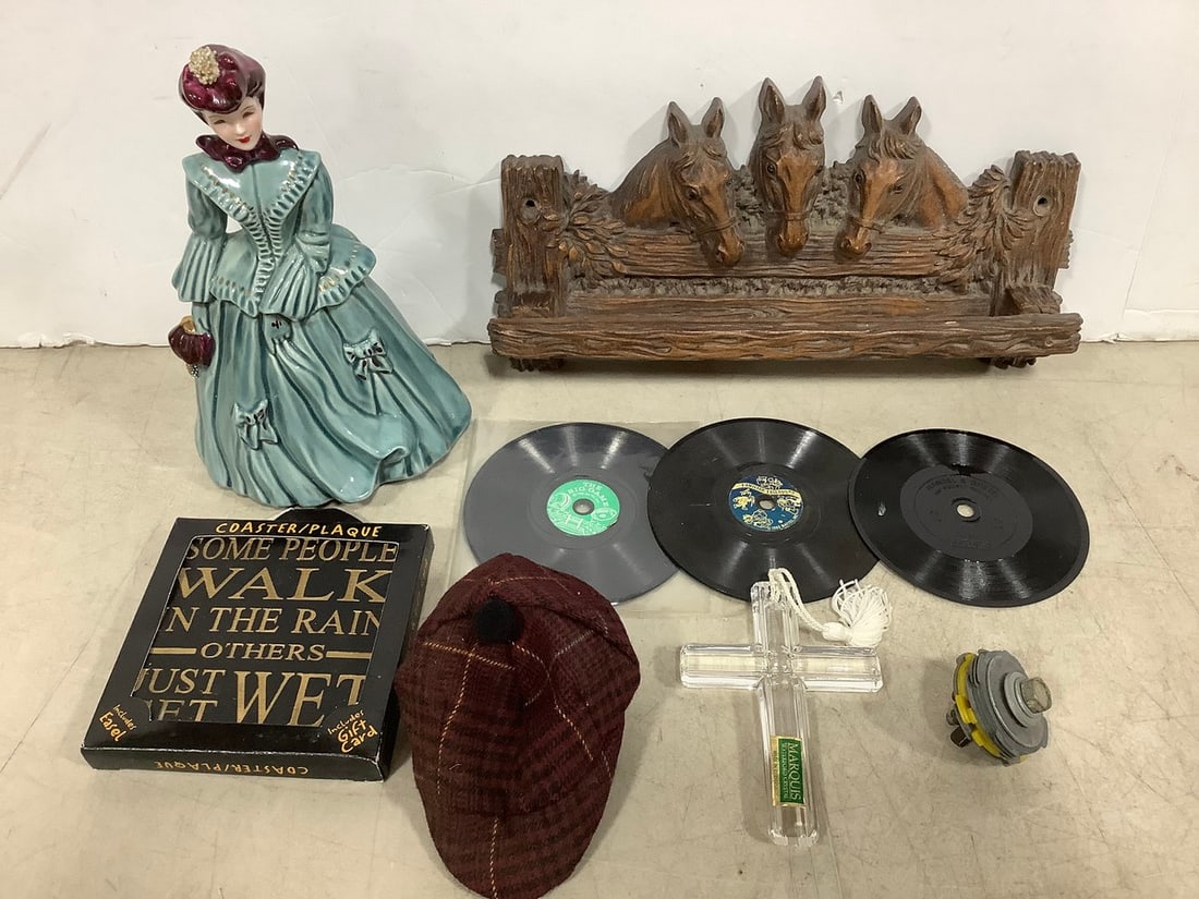 Coasters, Sarah Florence ceramics statue(7in.tall), Waterford crystal cross, and more: Coasters, Sarah Florence ceramics statue(7in.tall), Waterford crystal cross, and more