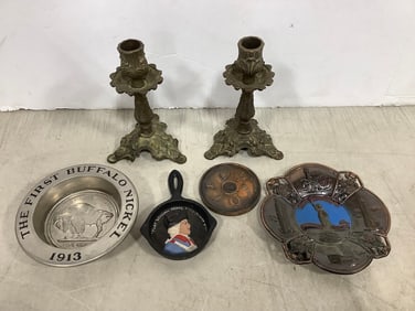 Vintage candleholders(6in.tall), The First Buffalo Nickel dish, and more