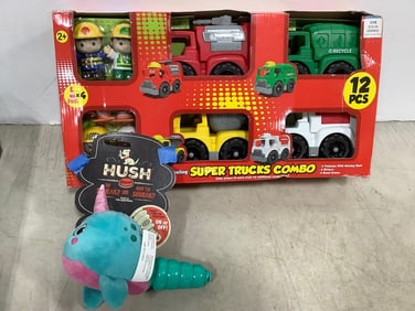 Free Wheeling Super Trucks set and Hush dog toy
