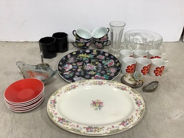 Various Ceramic Cups, Plates, Glass Bowls, and more (Tallest - 5.75in)