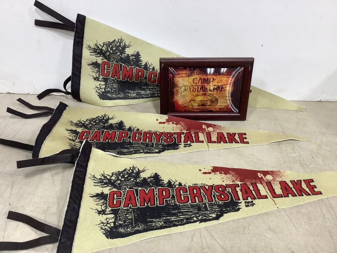 Vintage Friday the 13th Camp Crystal Lake Pennants (20in Long) and Frame: Vintage Friday the 13th Camp Crystal Lake Pennants (20in Long) and Frame