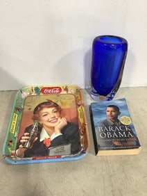 Vintage Coca Cola tray, Barack Obama book, and genuine Bohemi vase