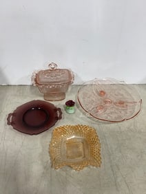 Cranberry glass dish, pink lace edge glass footed rectangular candy dish with lid(7.5in.tall), and