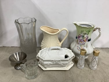 Ceramic pitchers, glass vase(8.5in.tall), salt/pepper shakers, and more