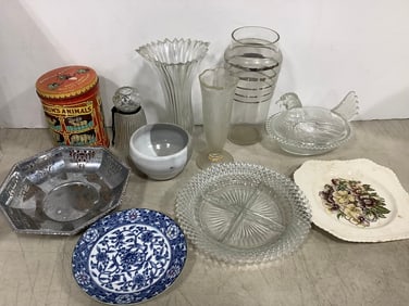 Indiana clear glass hen candy dish, vases, Barnum's Animals vintage tin container, and