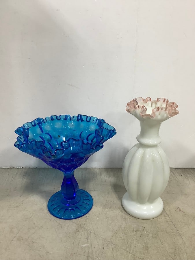 Fenton vase and Fenton cady dish(9in.tallest): Fenton vase and Fenton cady dish(9in.tallest)