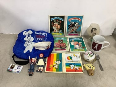 Garbage Pail Kids collectible cards, Pillsbury bag, Snoopy cards, and more