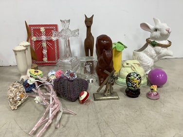 Various Wooden Statues, Trinkets, Glass Cross Decor, and more (Tallest - 9in)