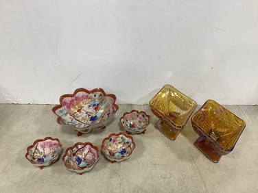 Decorative bowl set(some chipped) and floral carnival glass compotes-tallest 3in.