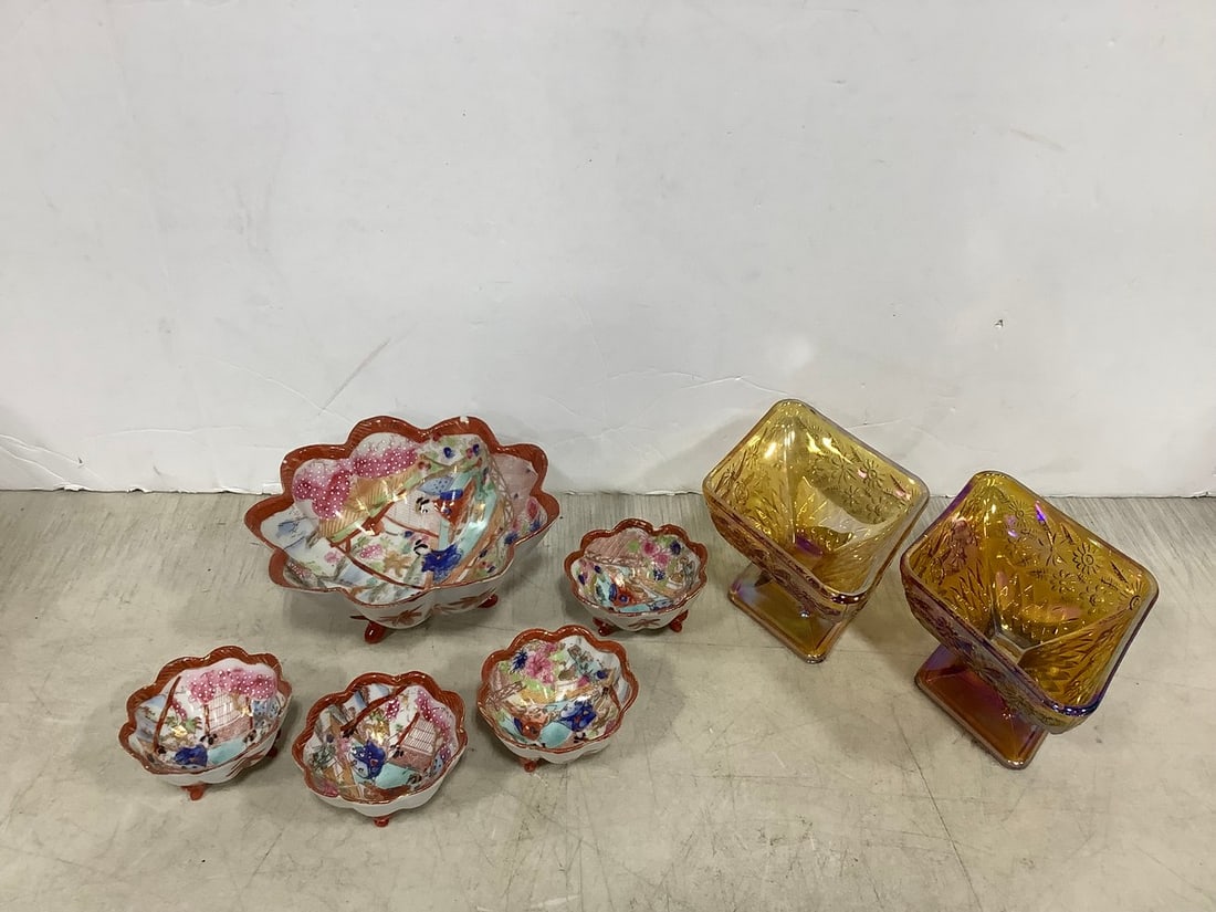 Decorative bowl set(some chipped) and floral carnival glass compotes-tallest 3in.: Decorative bowl set(some chipped) and floral carnival glass compotes-tallest 3in.